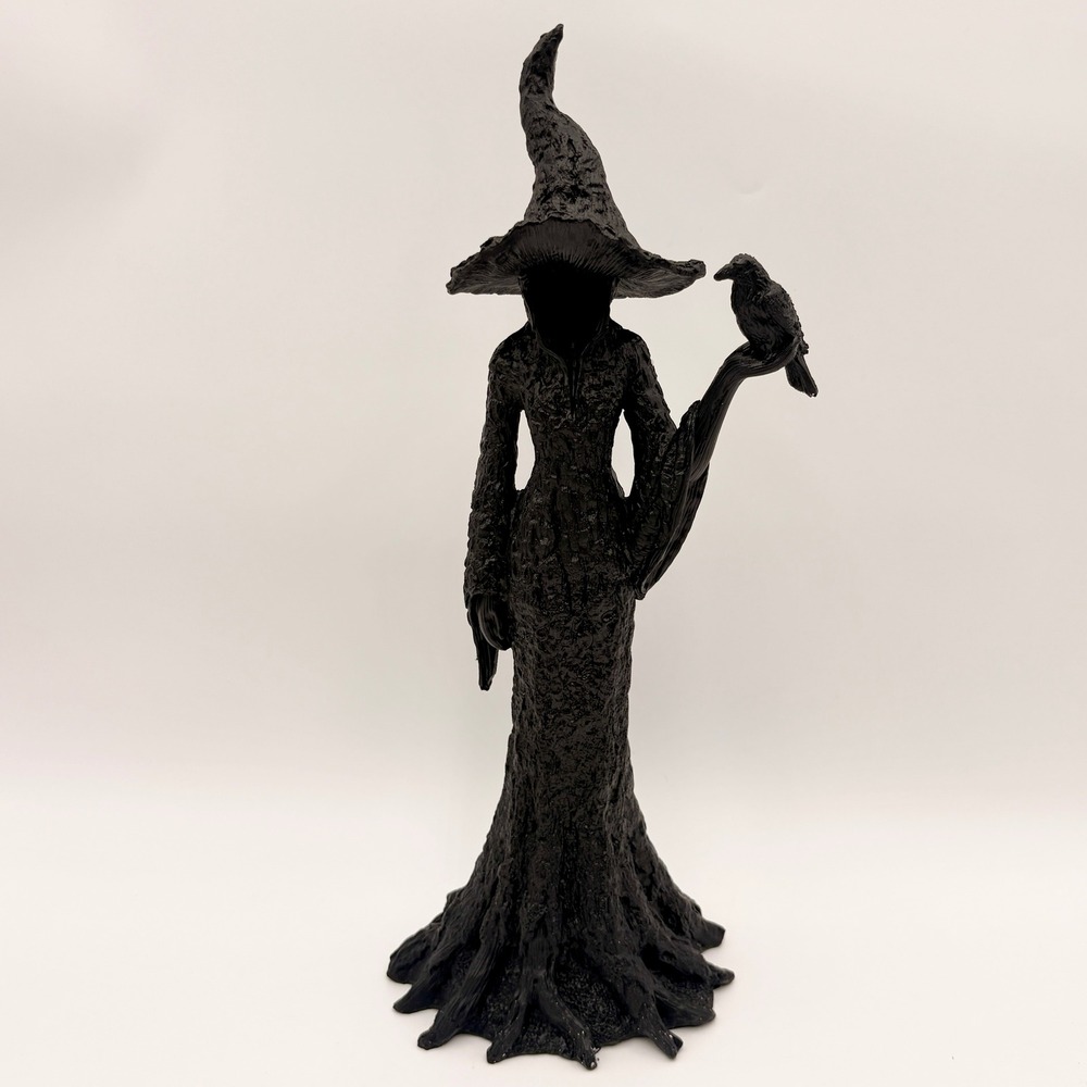 Gothic Black Faceless Witch Figurine with Raven Perch Folk Horror Decor
